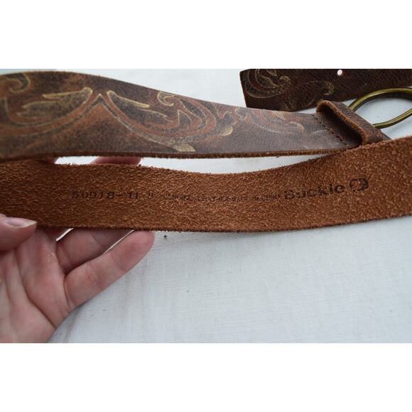 Buckle Leather Belt Medium X 1.5" Womens Brass Buckle Gold Brown Design - Picture 4 of 4
